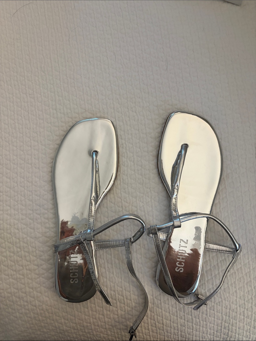 SCHUTZ Metallic Silver T-Strap Ankle Tie Sandals